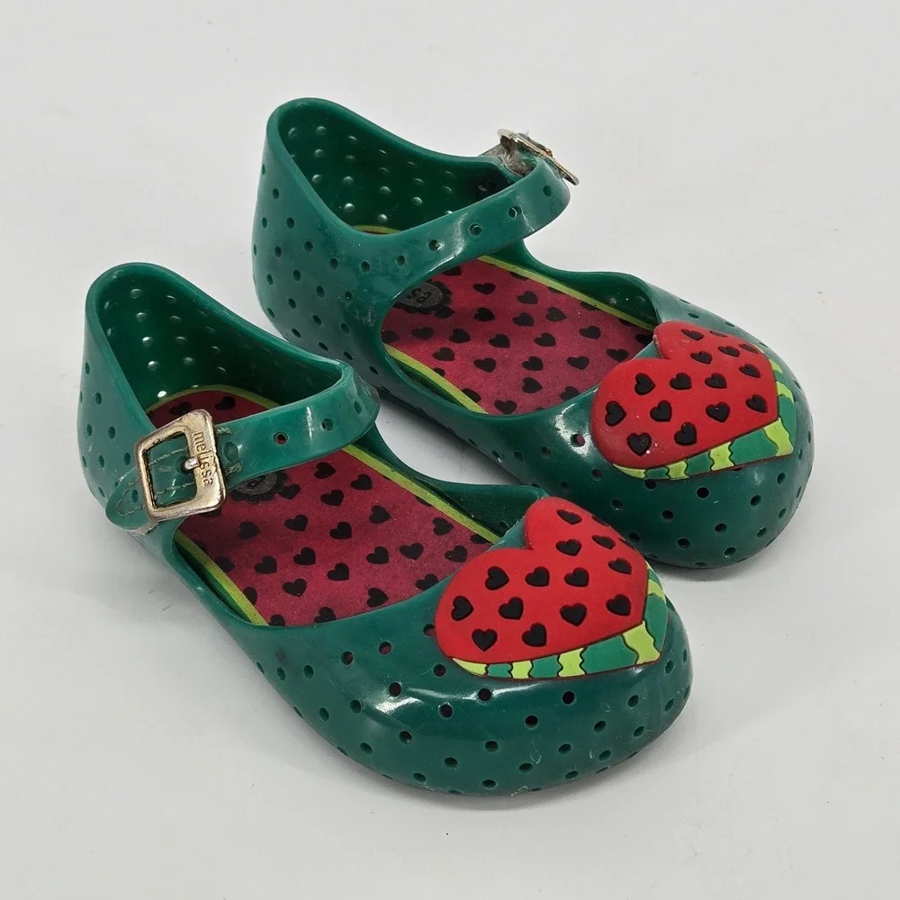 Mini Melissa Watermelon Heart Jelly Mary Jane Toddler Sandals Green Pink Size 6